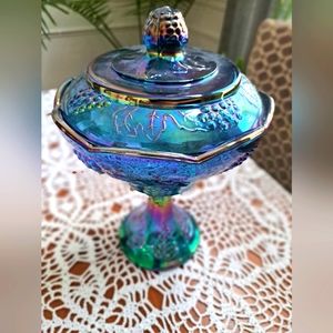 Indiana Glass Blue Iridescent Candy Dish with Grape/Grapevine Design